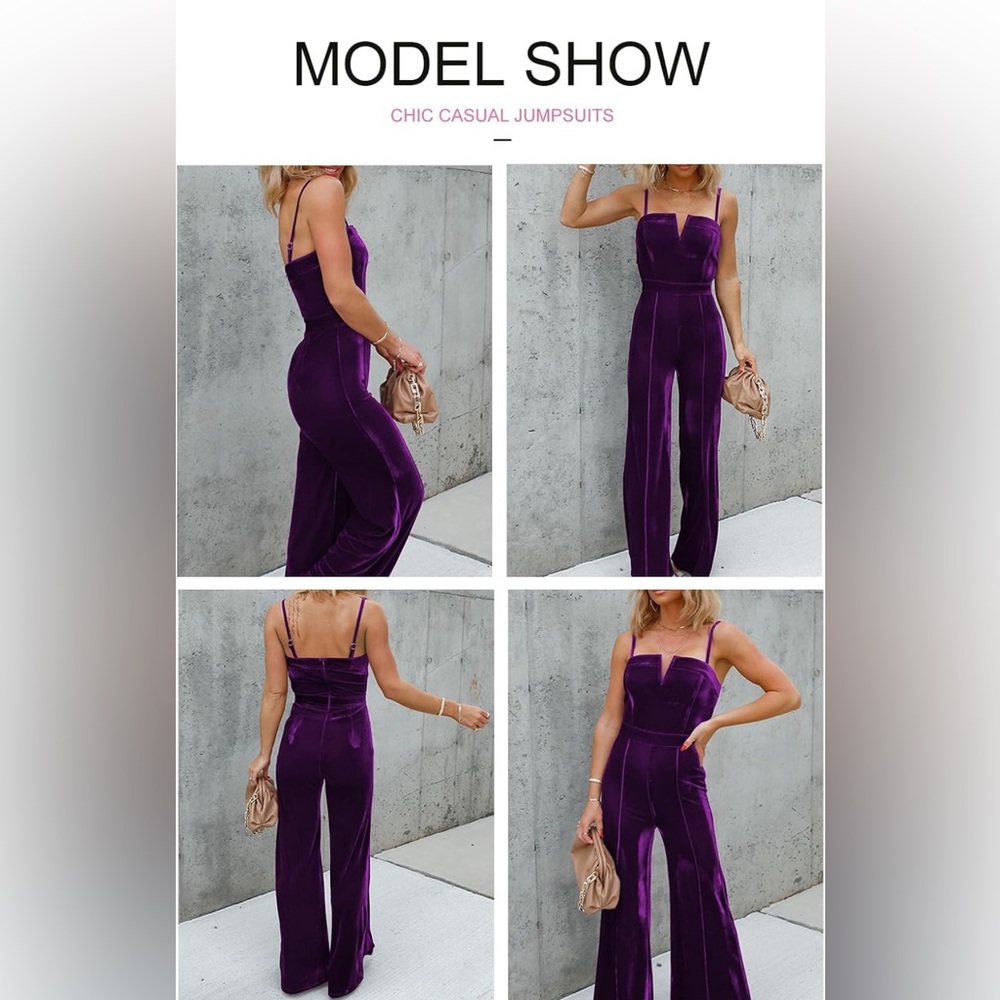 NWOT BLENCOT Velvet Jumpsuits V Neck Spaghetti Straps Wide Leg Dressy Overalls - Picture 2 of 4
